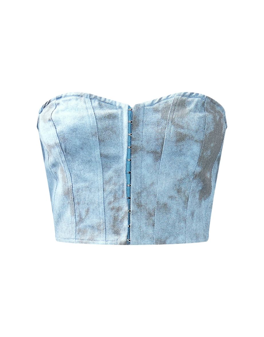 Blue Washed Twill Paneled Cargo Bandeau Corset - 4
