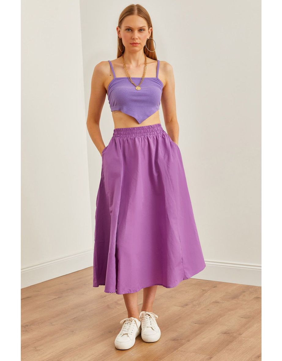 Women's Purple Pocket Elastic Waist Midi Woven Bell Skirt