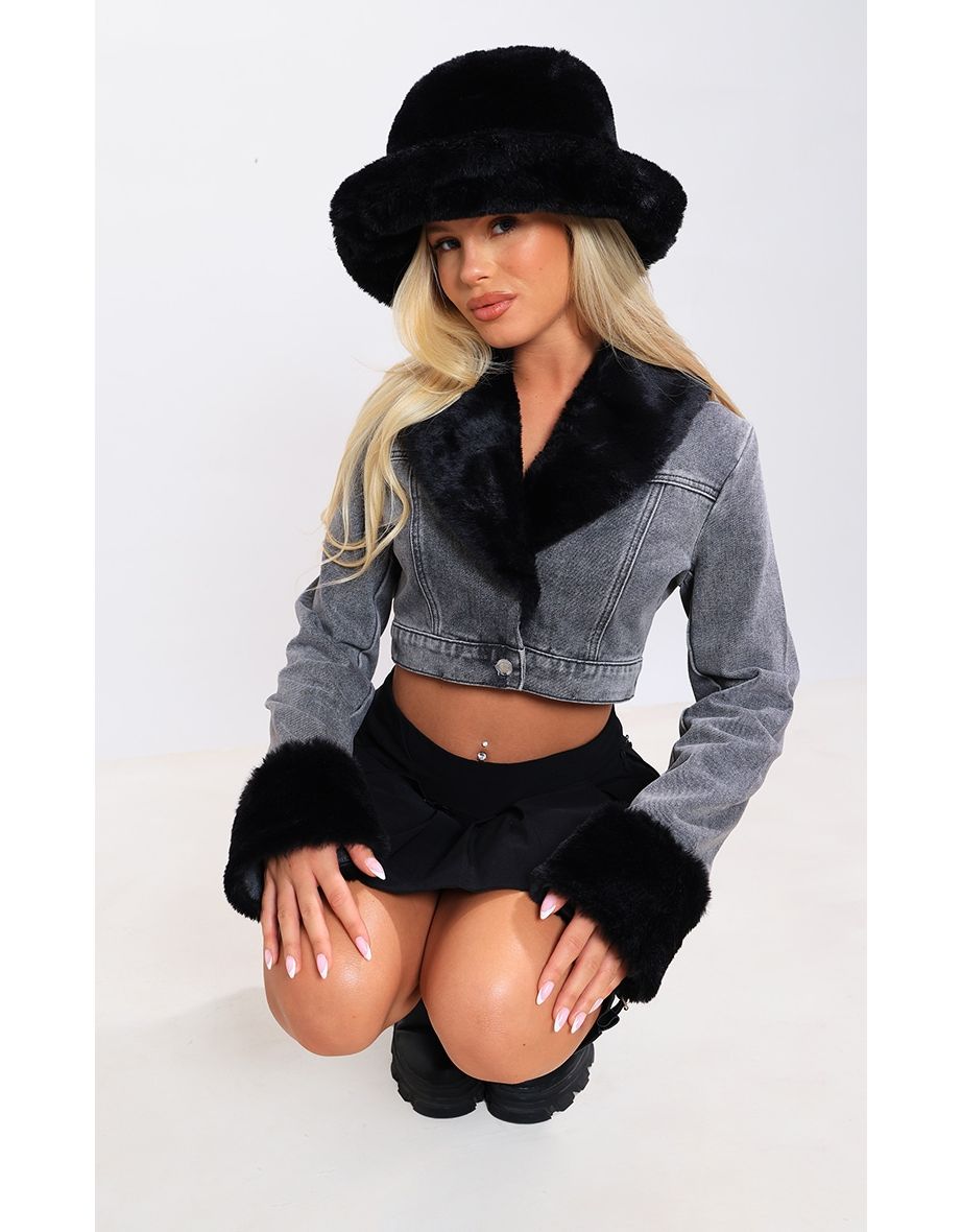 Cropped denim 2024 jacket with fur