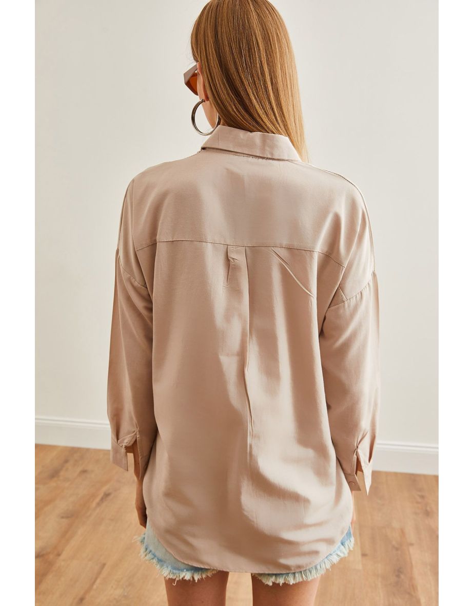 Women's Orange Flower Stone Embroidery Detailed Oversize Woven Shirt - 6