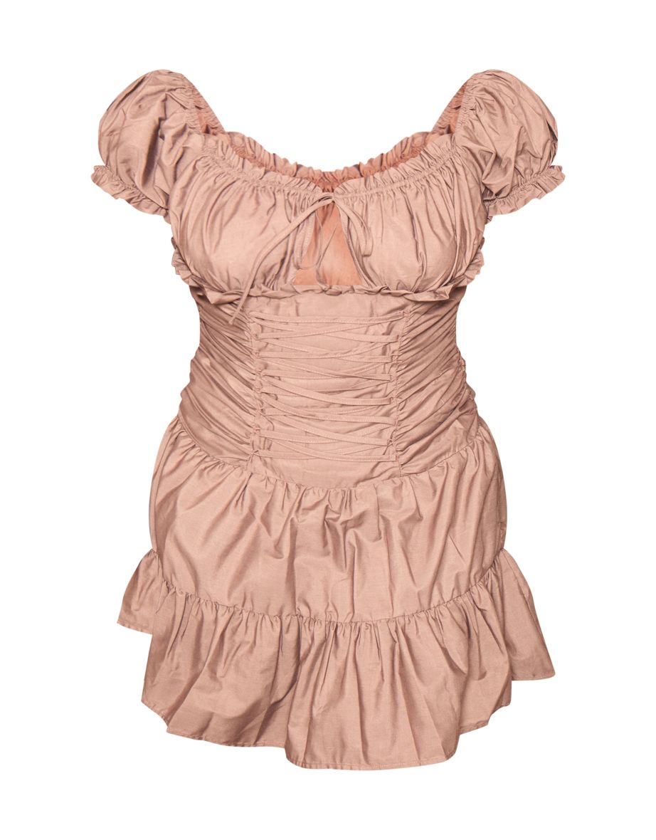 Plus Brown Lace Up Frilled Bardot Dress - 4