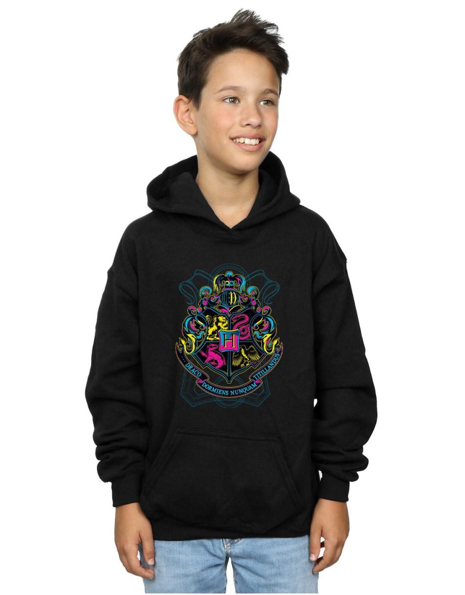 Harry Potter Boys Neon Hogwarts Crest Hoodie - Black