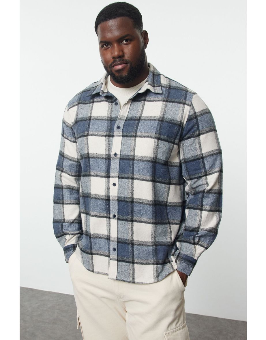 Large Size Navy Blue Winter Checkered Lumberjack Shirt