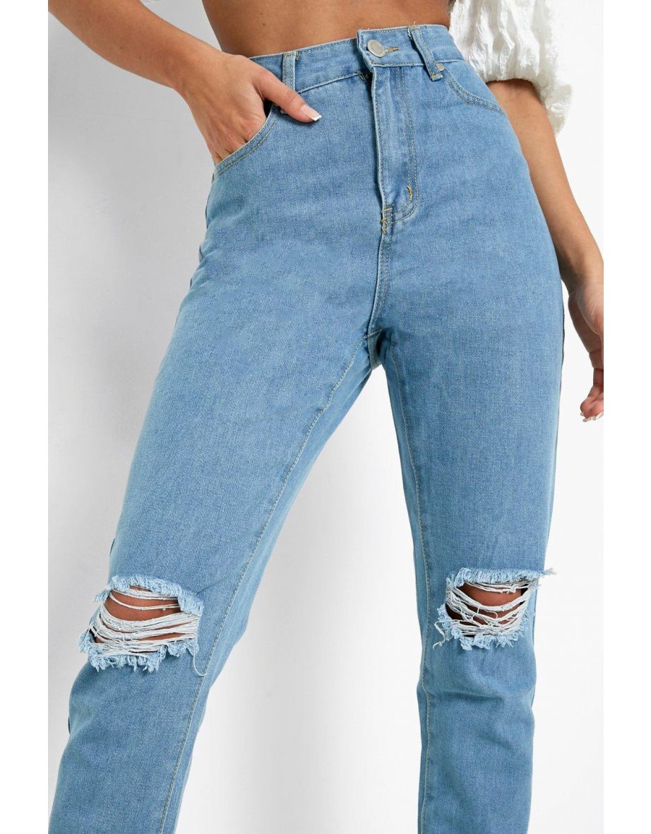 Basics High Waist Distressed Mom Jeans - light blue - 3