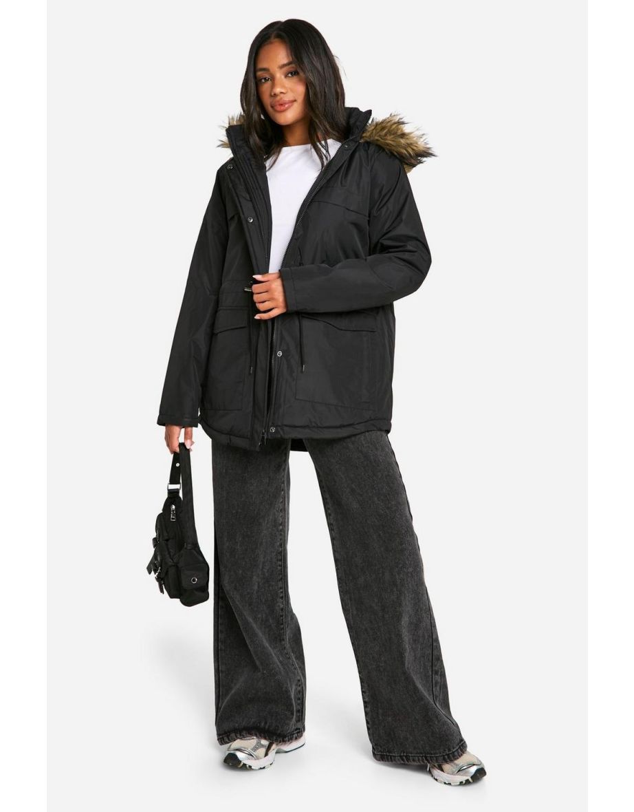 Faux Fur Trim Parka - black