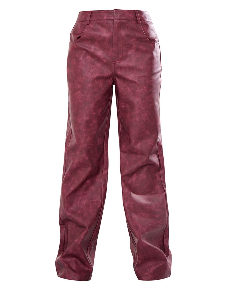 Cherry Red Washed Faux Leather Straight Leg Trousers - 4
