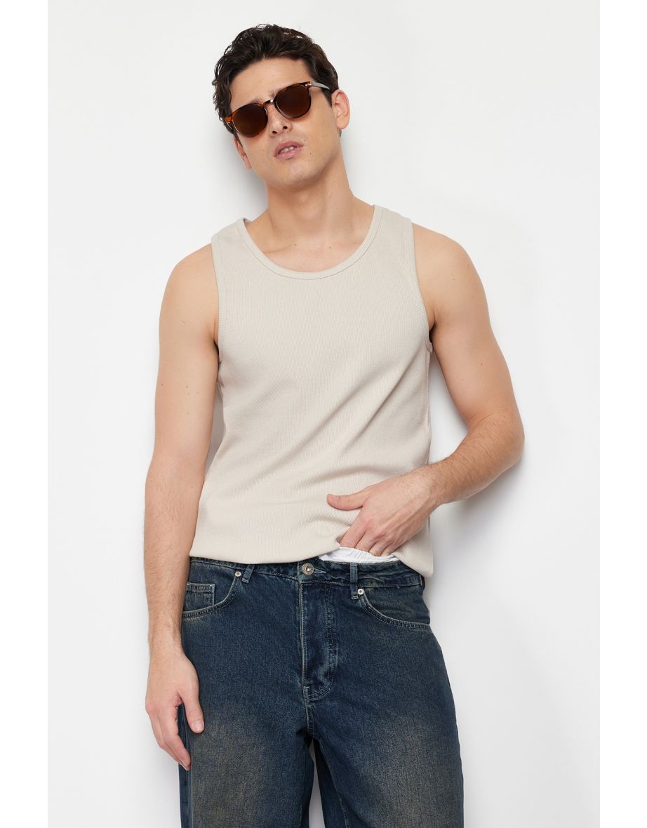 Beige Men's Slim/Narrow Cut Corded Basic Sleeveless T-Shirt/Singlet