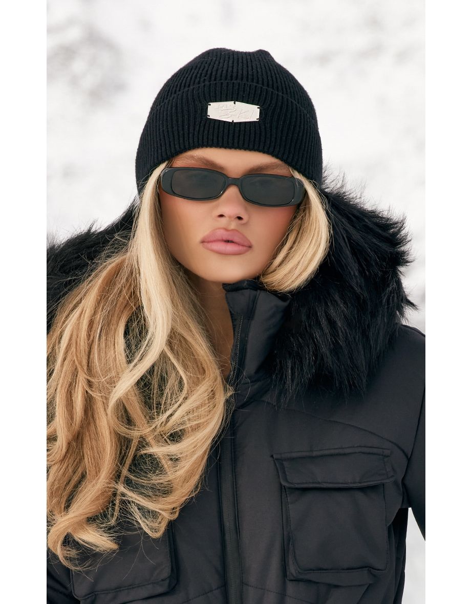 PRETTYLITTLETHING Black Ski Cable Knit Beanie