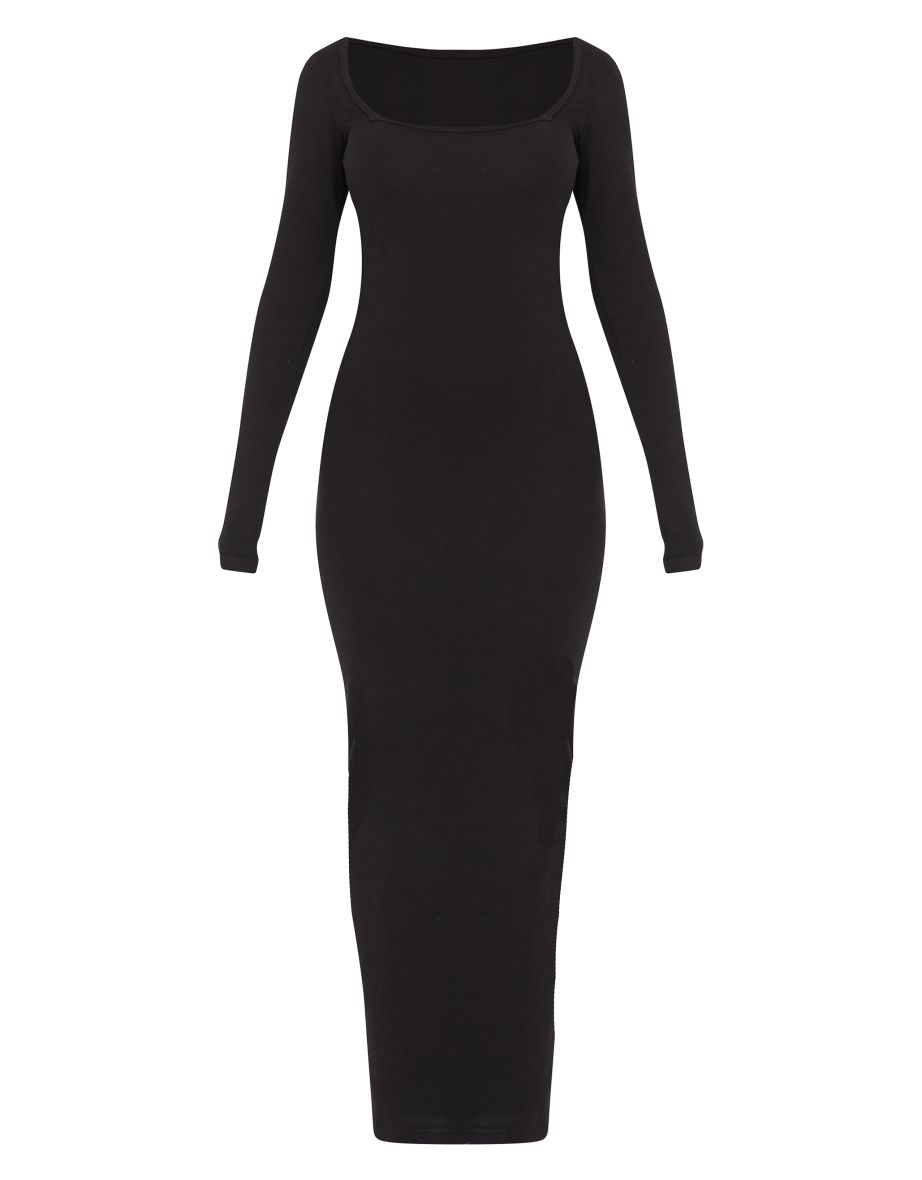 Black Cotton Square Neck Long Sleeve Maxi Dress - 4
