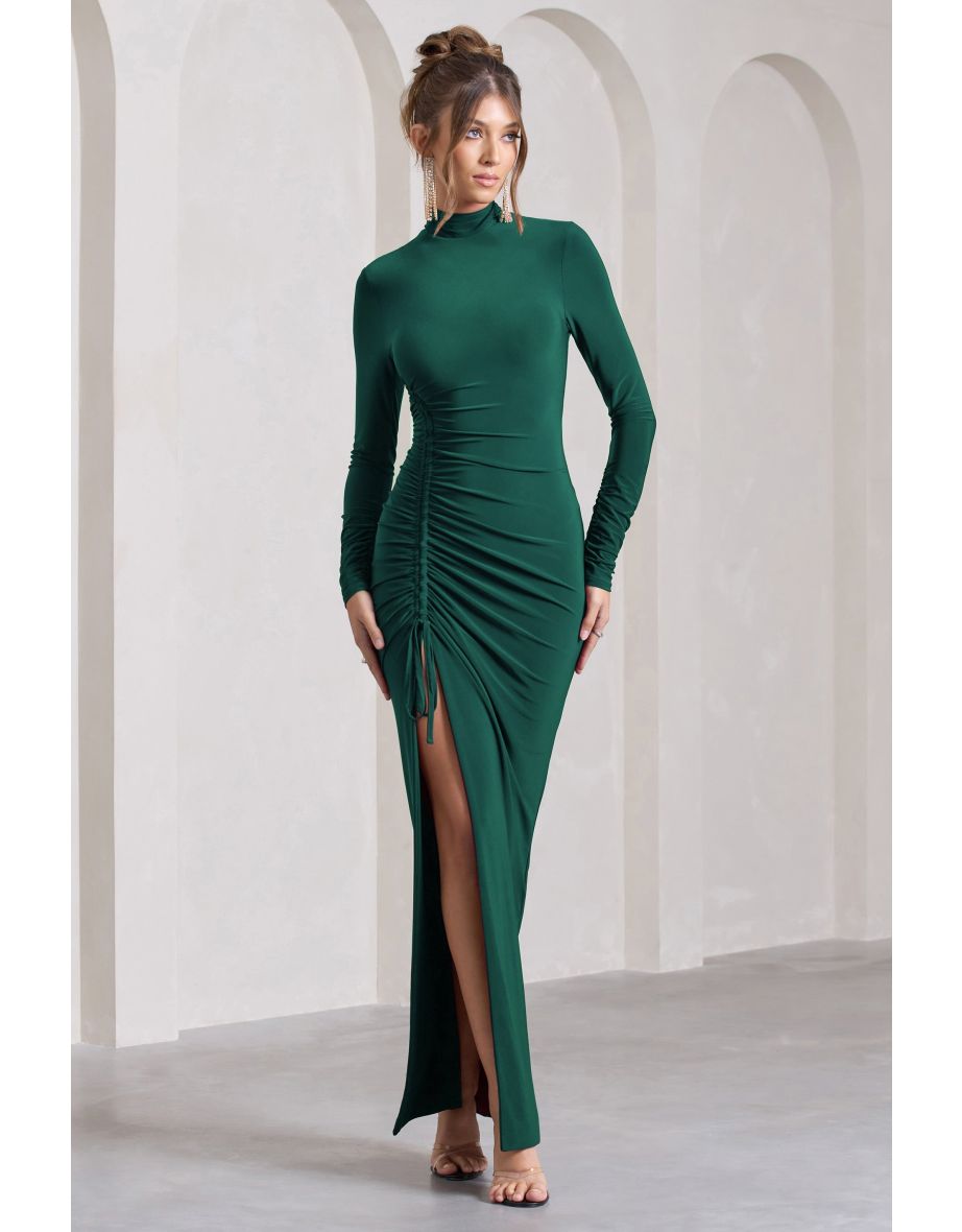 Shop Lynn Bottle Green Ruched High Neck Split Maxi Dress Online in Oman VogaCloset