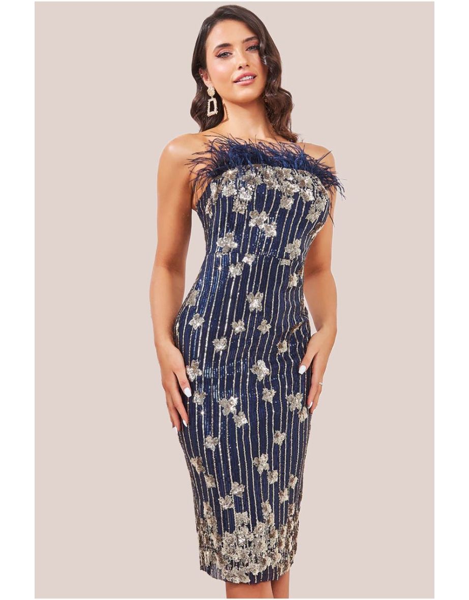 Goddiva Sequin And Feather Boobtube Midi - Navy