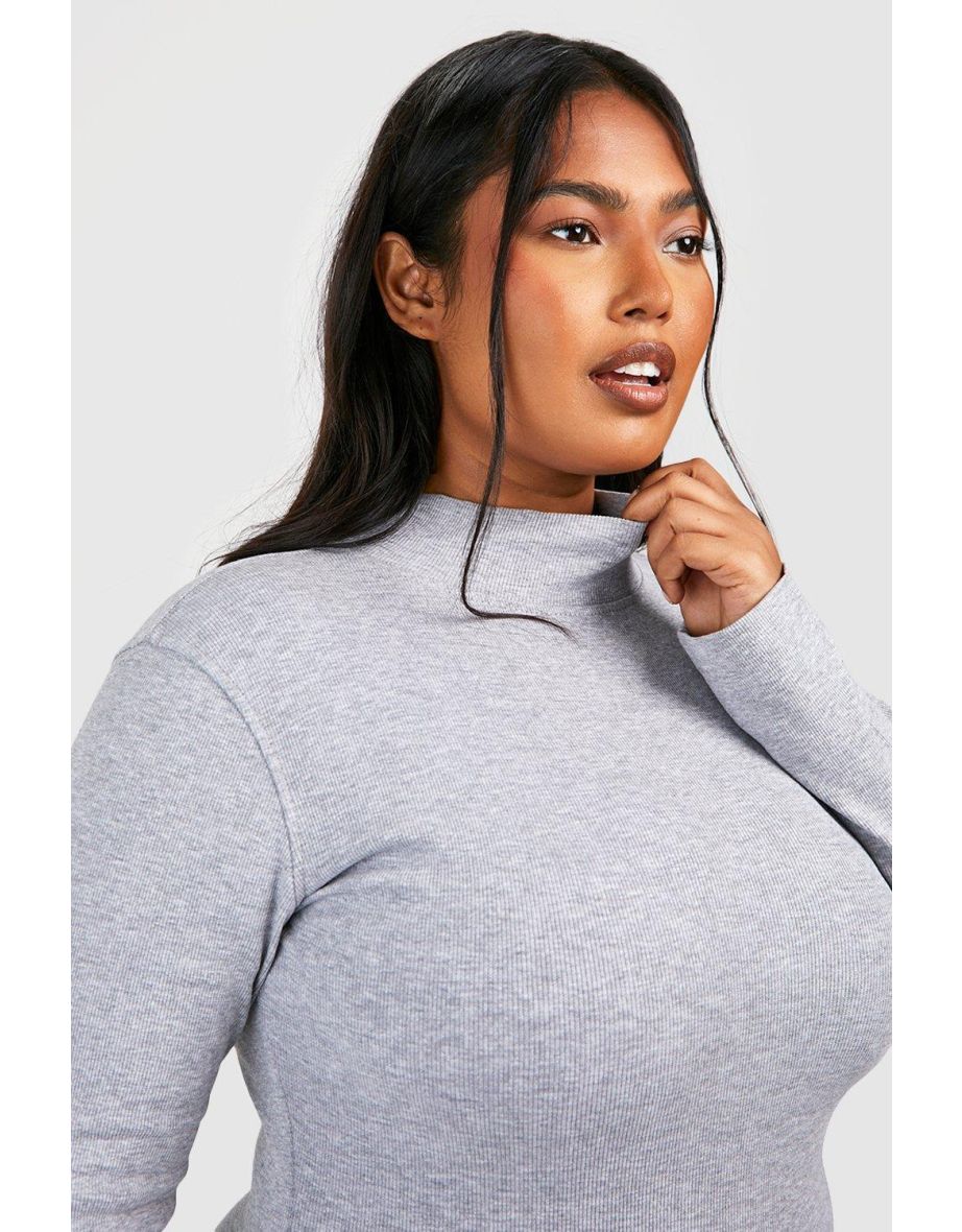 Plus Rib Roll Neck Long Sleeve Bodycon Dress - grey marl - 3