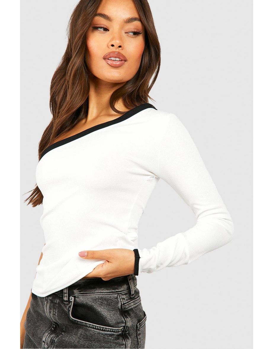 Contrast Rib Asymmetric Long Sleeve Top - white - 3