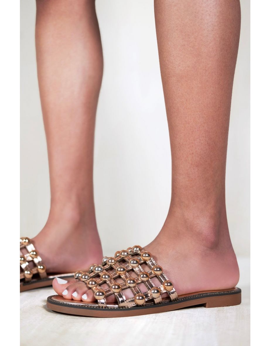KELLIE WIDE FIT SLIDER SANDALS WITH CAGED STUDDED DETAILING IN ROSE GOLD FAUX LEATHER - 1