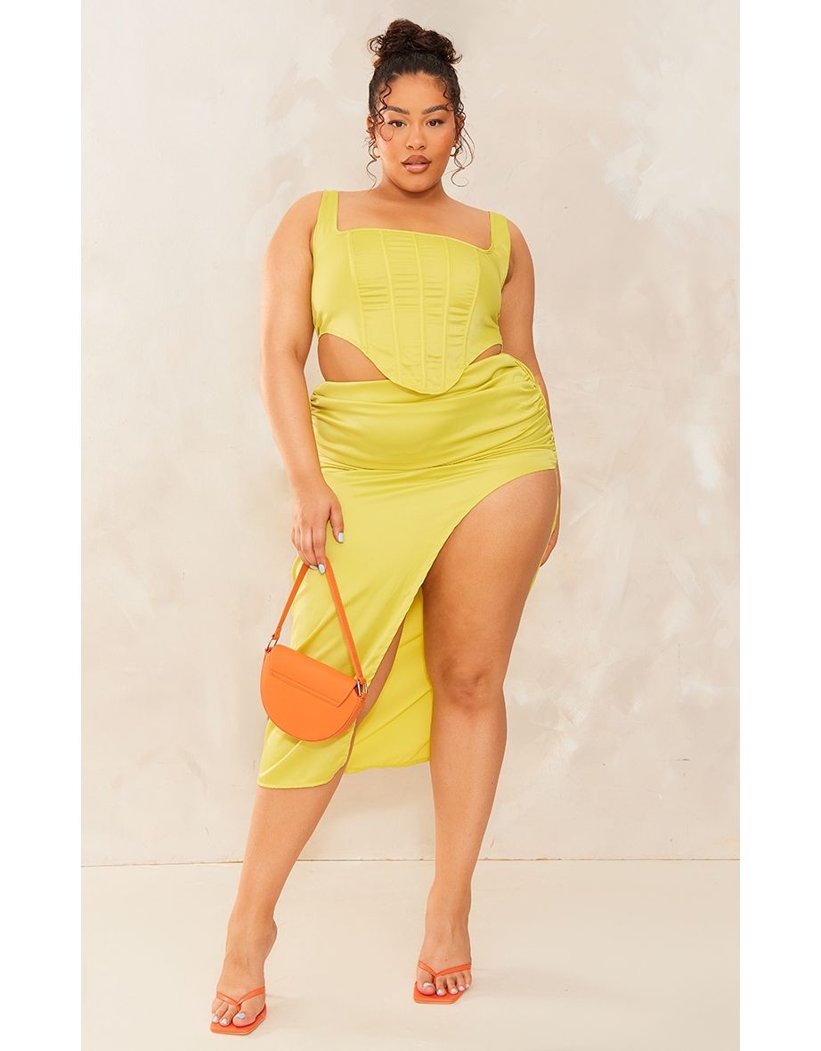 Plus Lime Satin Ruched Side Split Midi Skirt