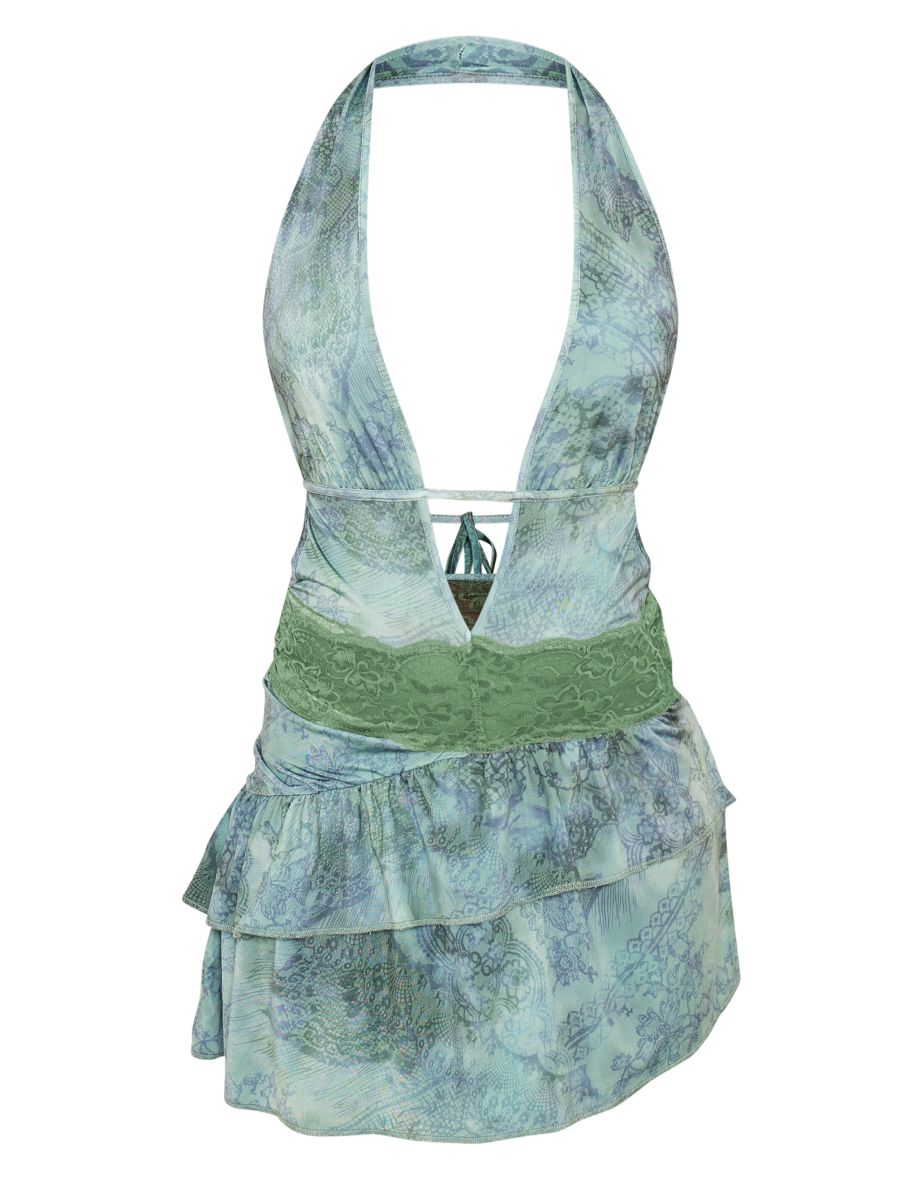 Green Print Slinky Lace Panel Halter Neck Mini Dress - 4