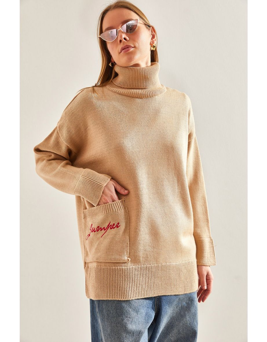 Women's Turtleneck Pocket Embroidery Embroidered Knitwear Sweater