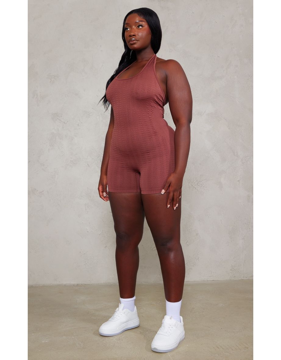 PLT SPORT Plus Espresso Textured Seamless Halterneck Unitard