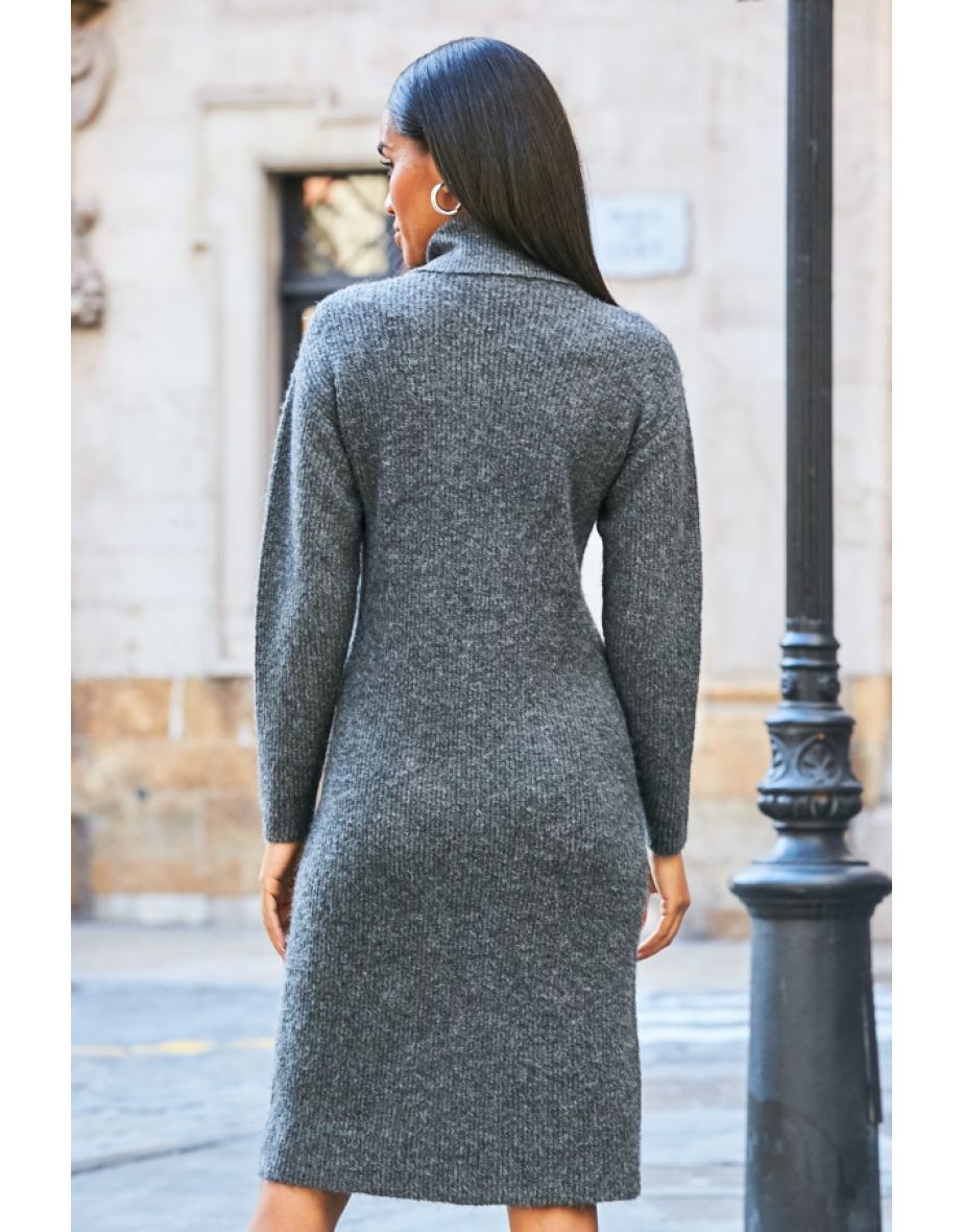 Charcoal Grey Roll Neck Rib Jumper Dress - 4