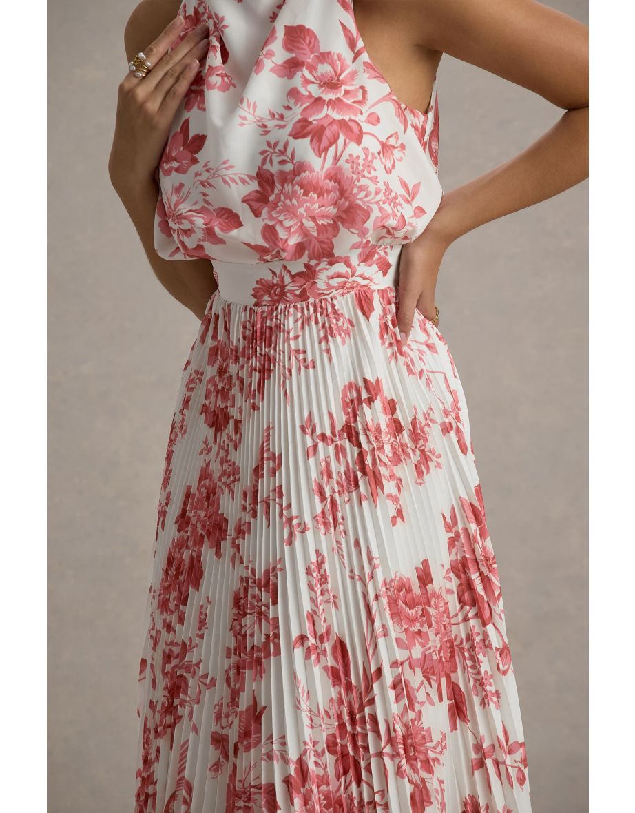 Nila | Pink Porcelain Print Cowl-Neck Midaxi Dress With Plisse Skirt - 6