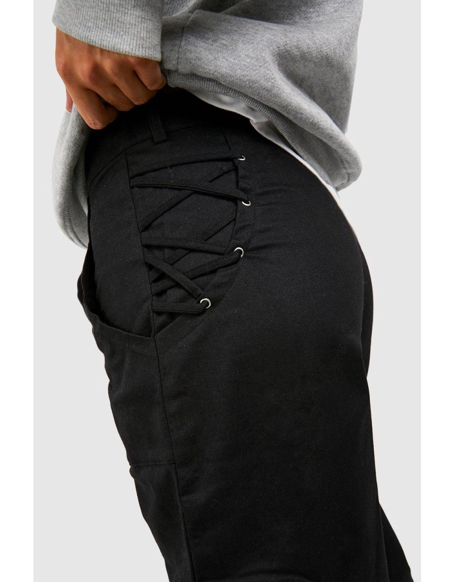 Toggle Waist Lace Up Detail Straight Fit Trousers - black - 3