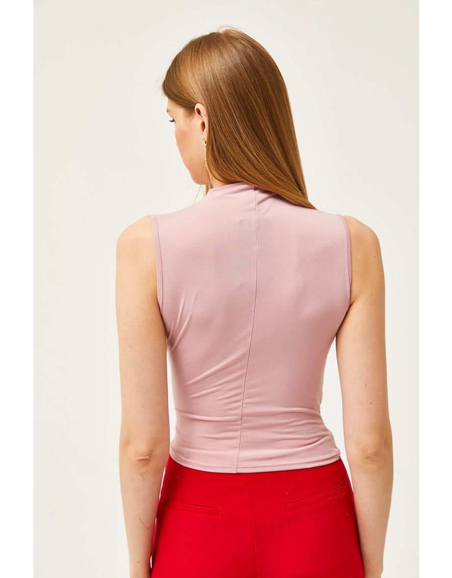Women's Powder Stand Collar Gather Detailed Crop Blouse - 4