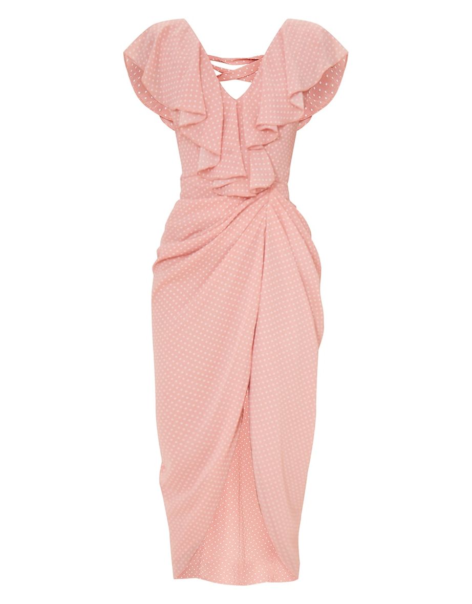 Pink Polka Dot Draped Lace Up Back Midi Dress - 4