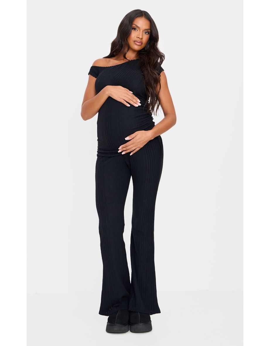 Maternity Black Rib Flare Trousers
