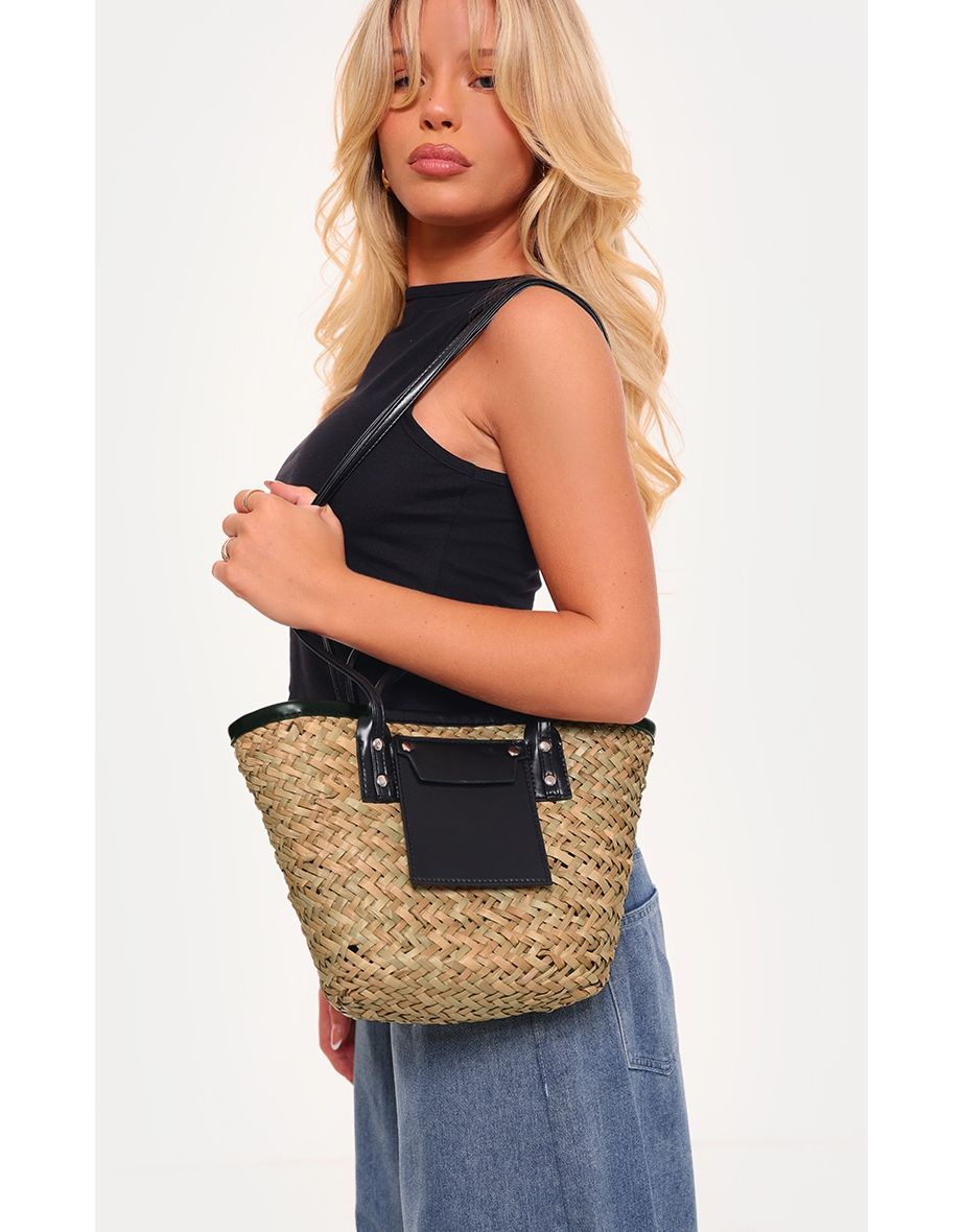 Black Mini PU Trim Straw Tote Bag