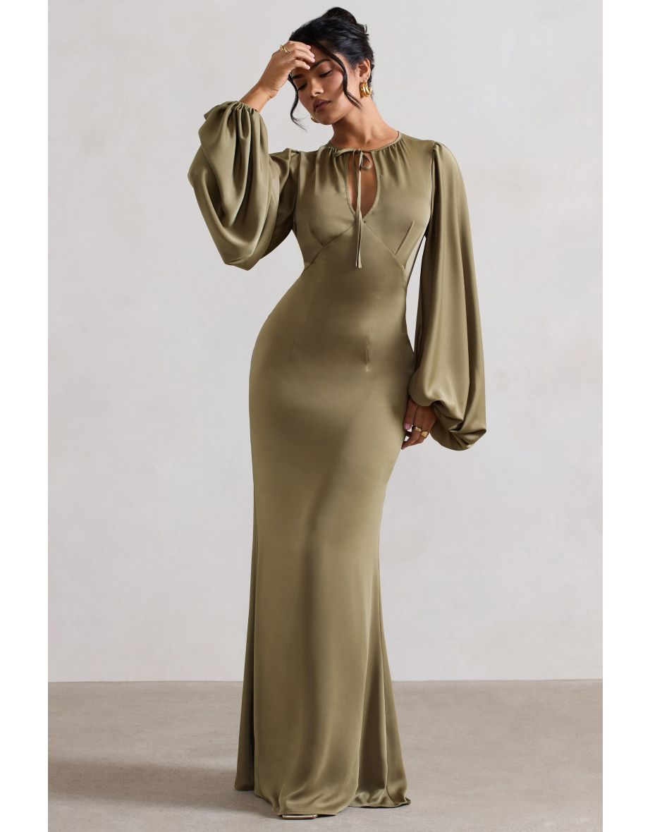 Wild Rose | Olive Satin Puff-Sleeve Cut-Out Maxi Dress - 4