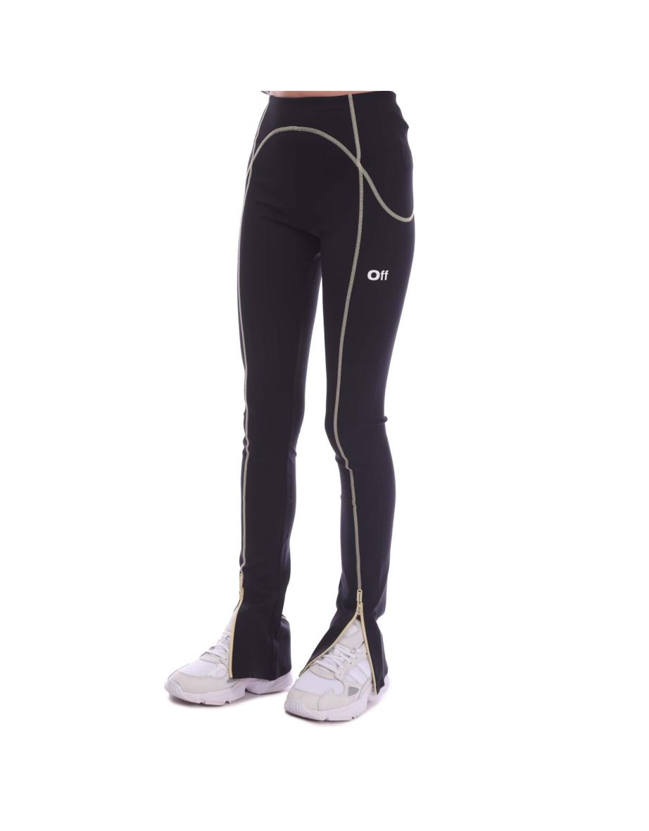 Women's Off White Contrast Stitch Split Leggings in Black