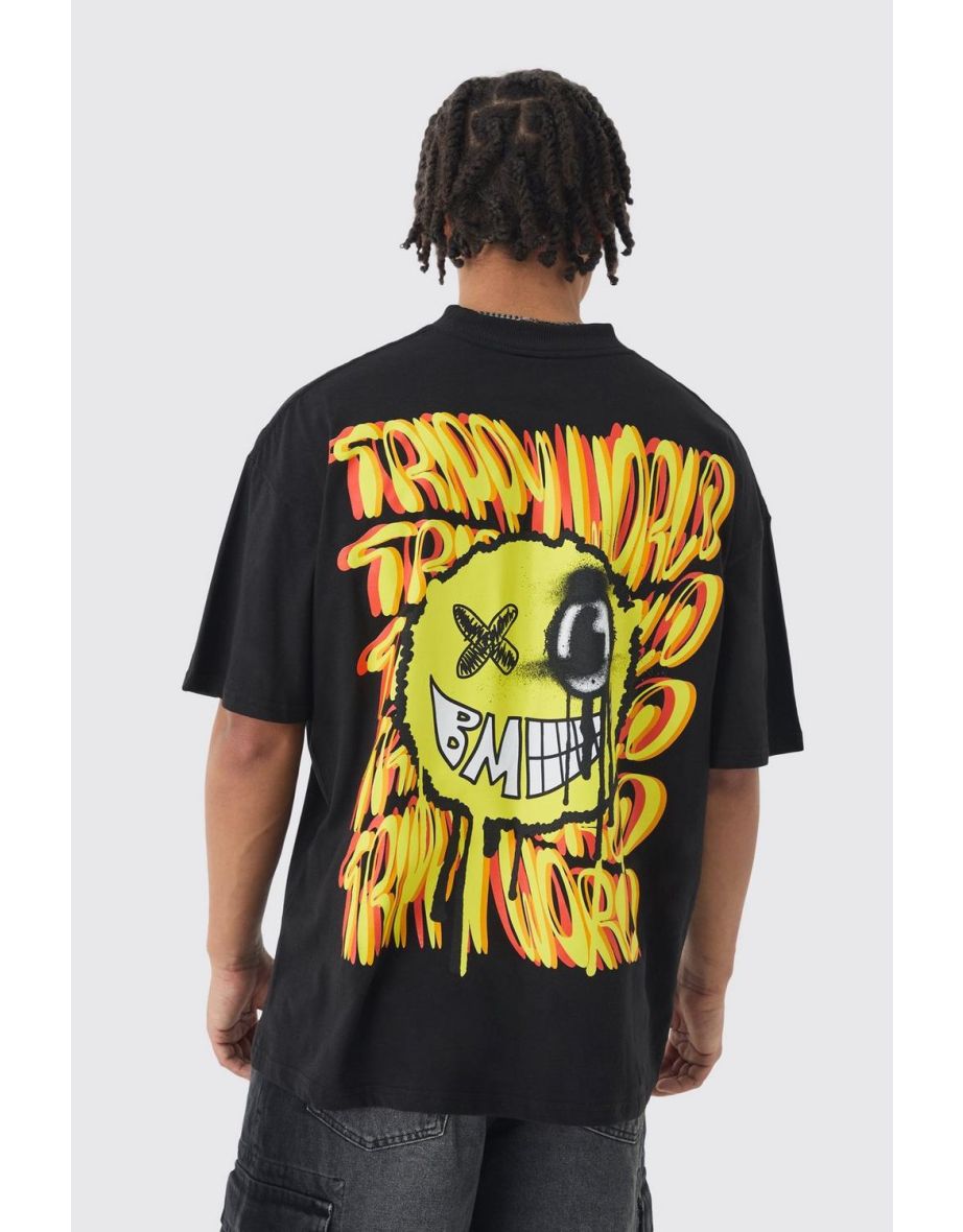 Oversized Trippy Smiley Face Graphic T-shirt - black