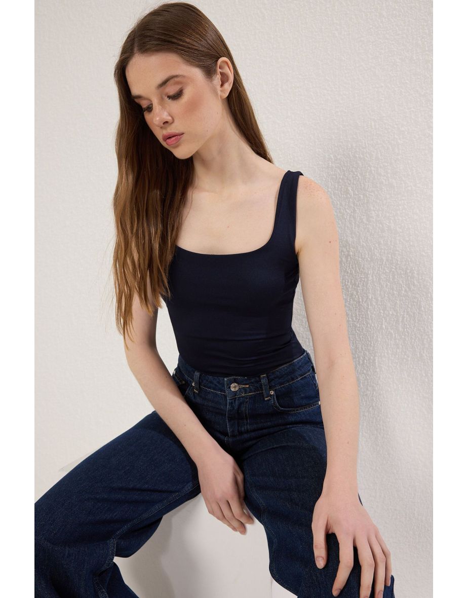 Navy Blue Fitted/Fits on the Body with Back Detail Square Neck Snap Elastic Knitted Bodysuit