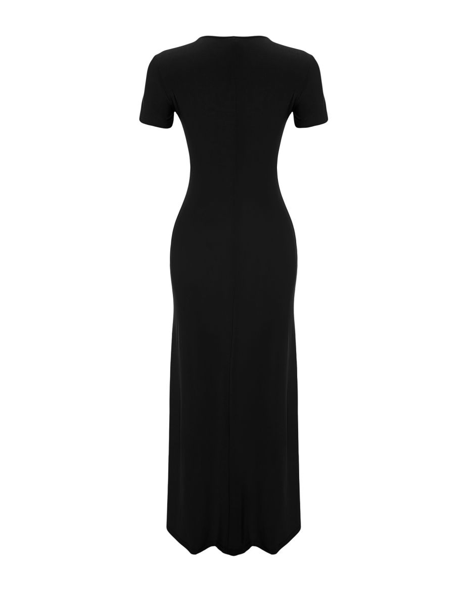 Black Short Sleeve Bodycone/Fitting Crew Neck Stretchy Knitted Maxi Dress - 6