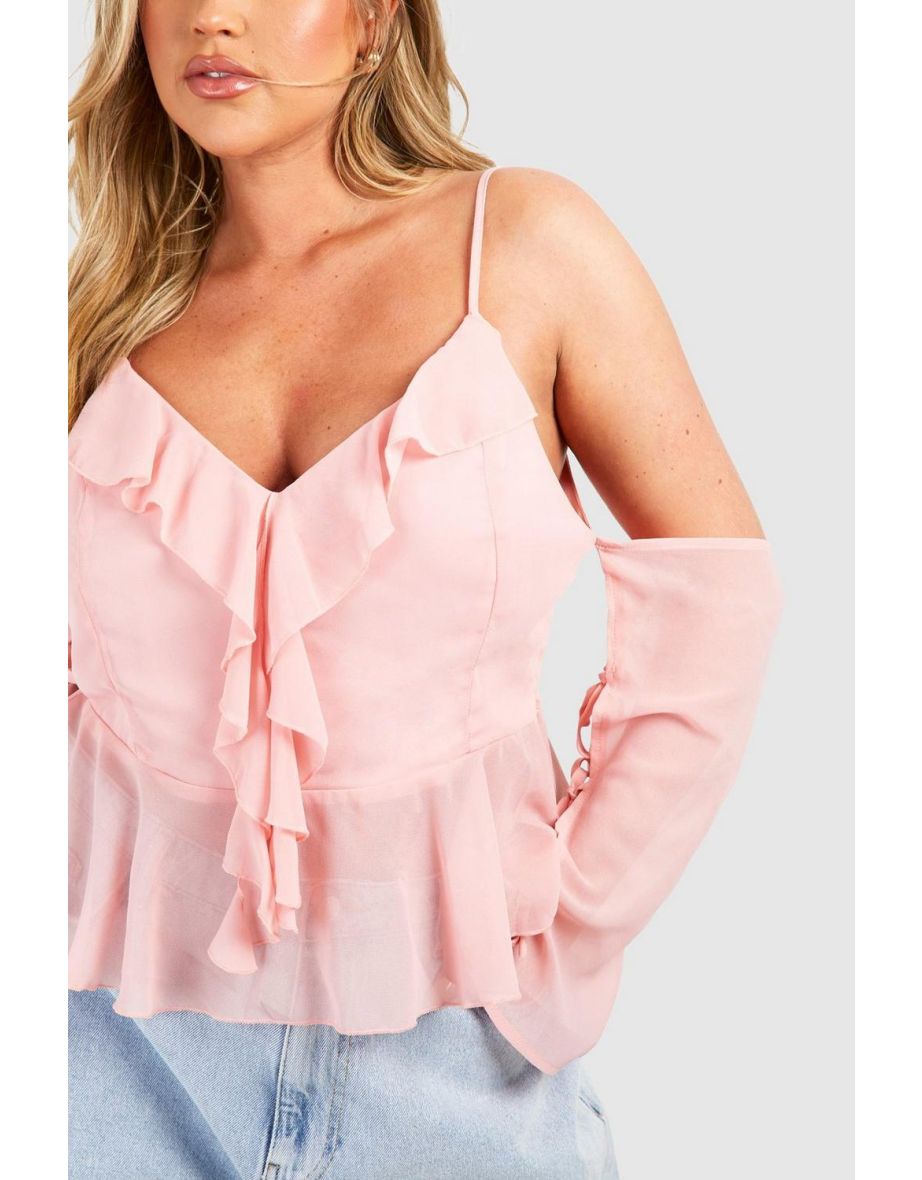 Plus Cold Shoulder Ruffle Peplum Blouse - dusky pink - 3