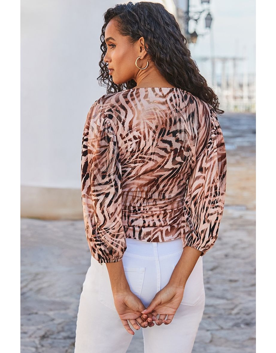 Natural Animal Print Balloon Sleeve Jersey Blouse - 4