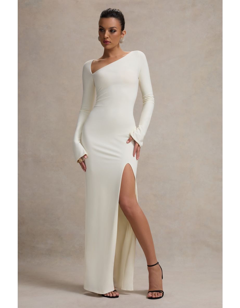 Cosmos | White Asymmetric Long-Sleeve Split Maxi Dress - 6