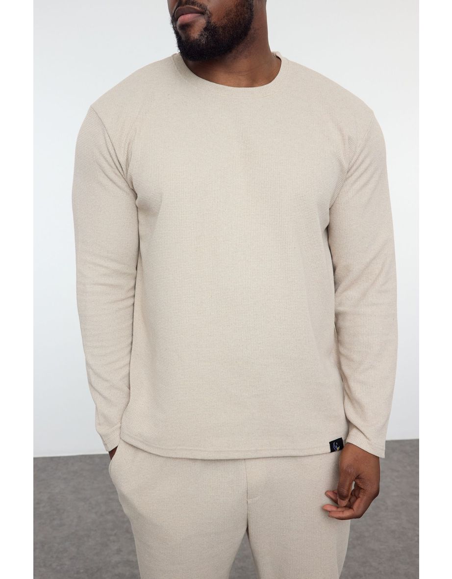 Beige Men's Regular Fit Knitted Plus Size Pajama Set - 4