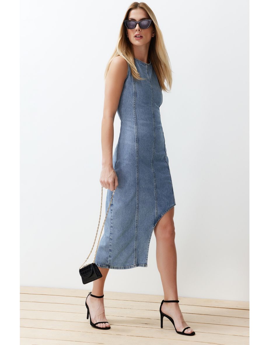 Shop Light Blue Slit Asymmetric Denim Dress Online in Bahrain VogaCloset