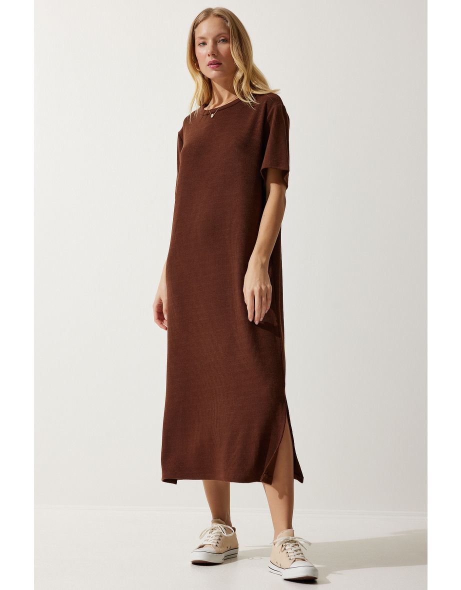 Women's Brown Crew Neck Knitted Ribbed Dress