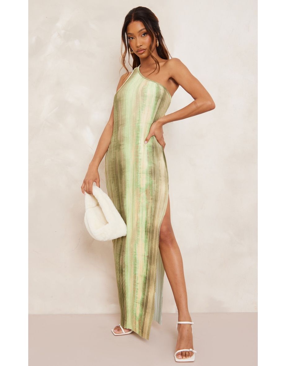 Green Watercolour Plisse One Shoulder Scoop Back Maxi Dress