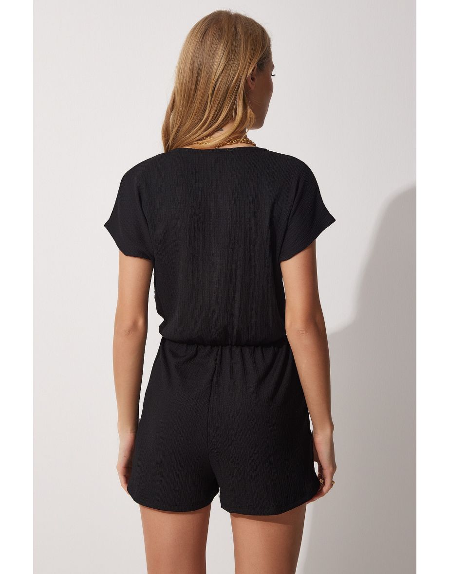 Women's Black Wrapped Collar Short Knitted Jumpsuit with Shorts - 5