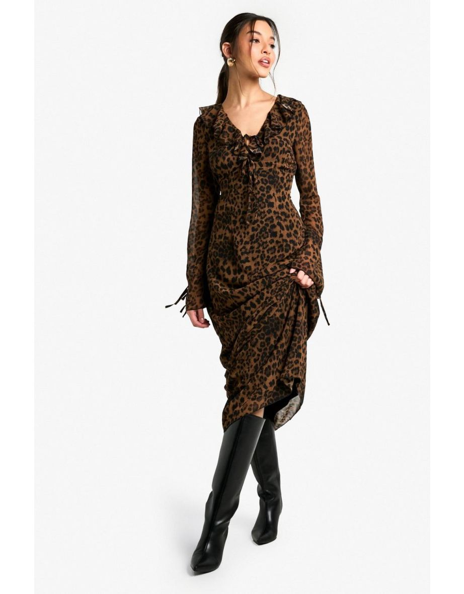 Leopard Chiffon Ruffle Shift Maxi Dress - leopard