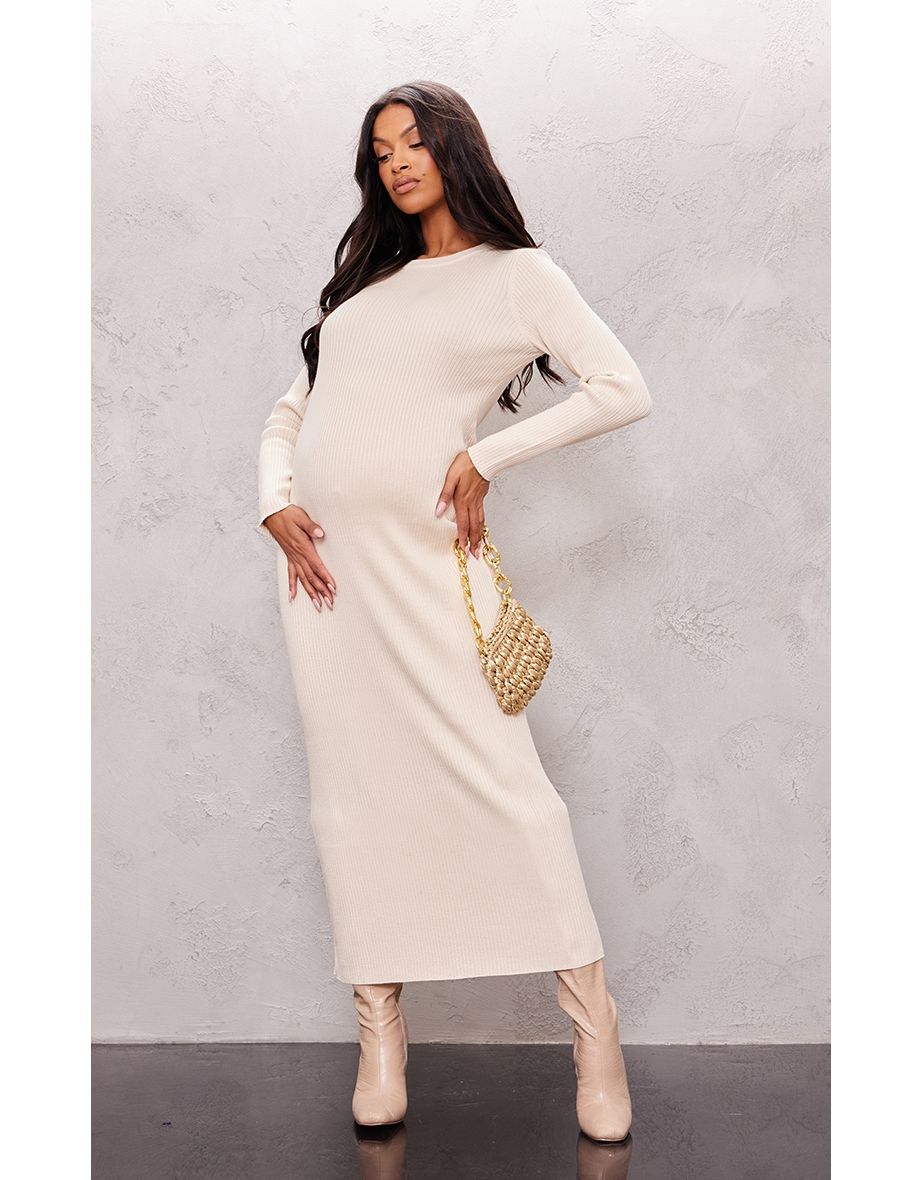 Shop Maternity Cream Rib Knit Long Sleeve Maxi Dress Online in Bahrain VogaCloset