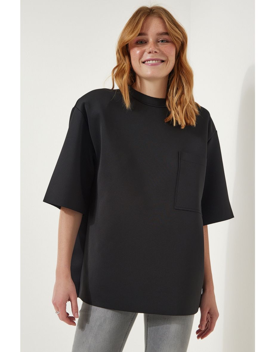 Women's Black Back Zipper Detail Knitted Scuba T-Shirt