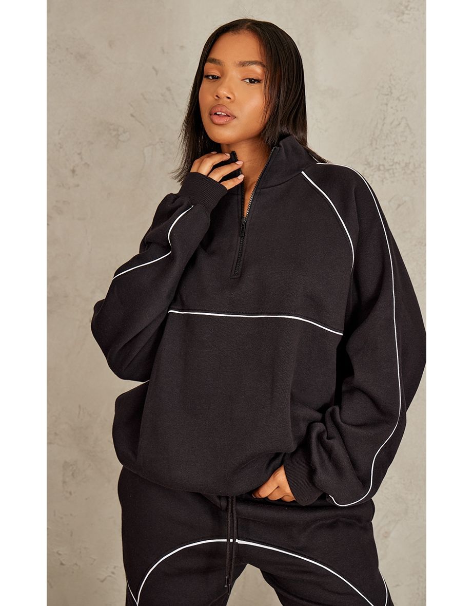 Shop Black Oversized Contrast Piping Quarter Zip Sweatshirt Online in Oman VogaCloset