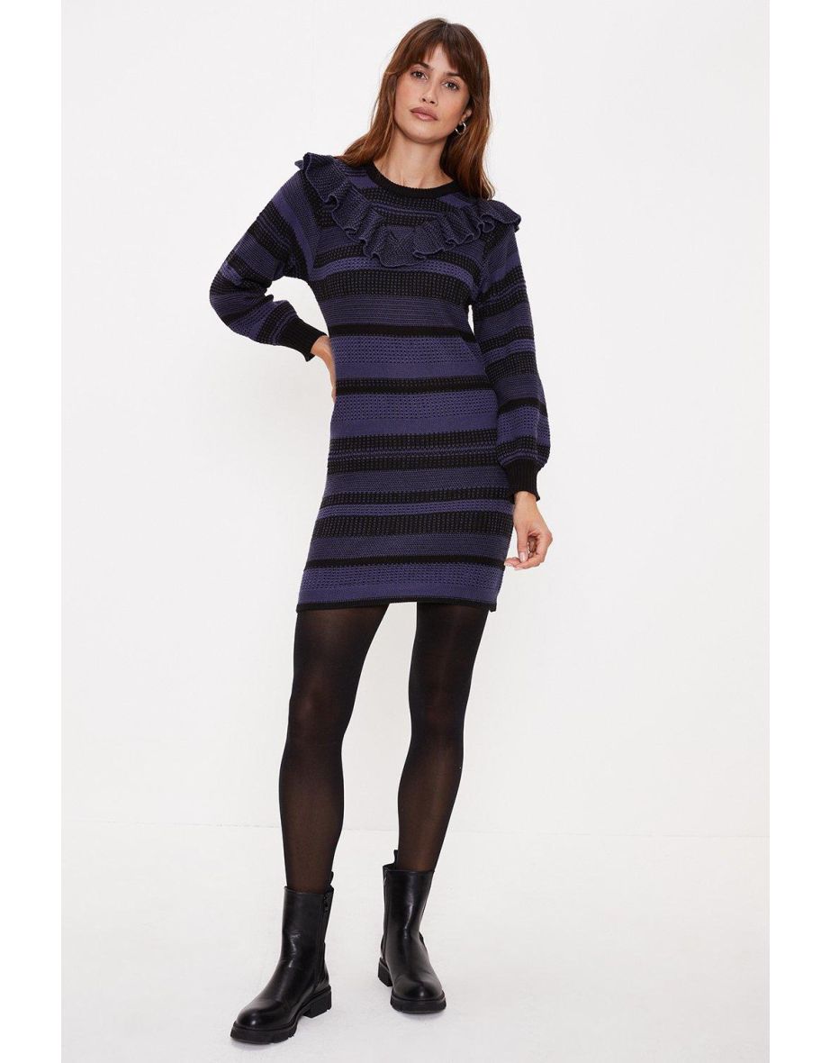 Shop Frill Detail Textured Stripe Jumper Dress Online in Bahrain VogaCloset