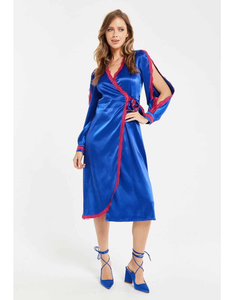 Women's Midi Dress with Long Sleeves in Royal Blue Satin .