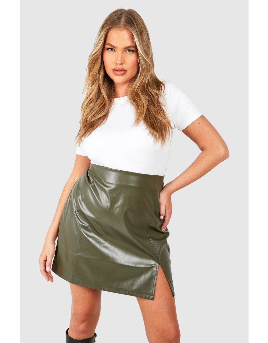 Shop Plus Pu Side Split Mini Skirt khaki Online in Bahrain VogaCloset