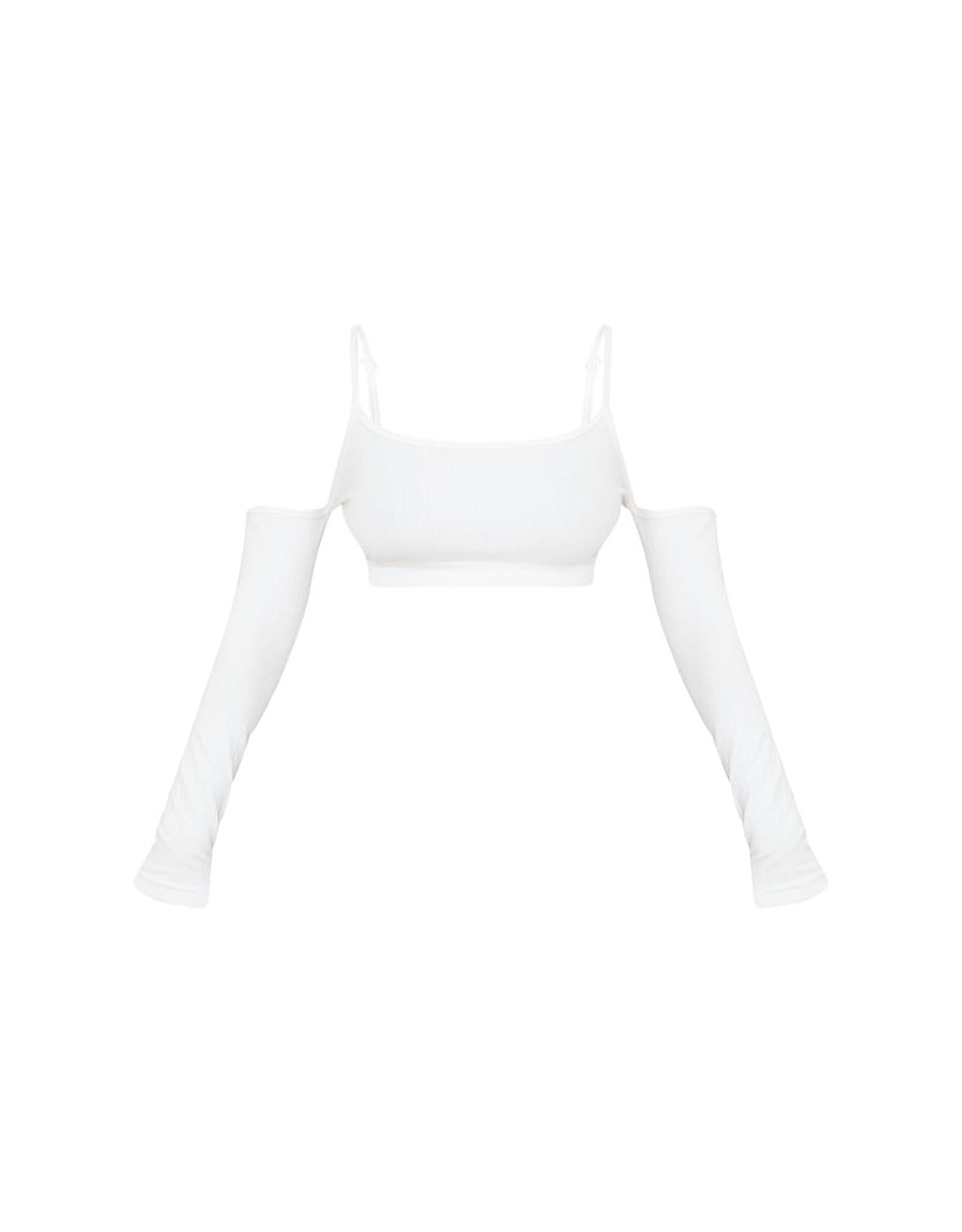 White Wide Contour Rib Cold Shoulder Crop Top - 4